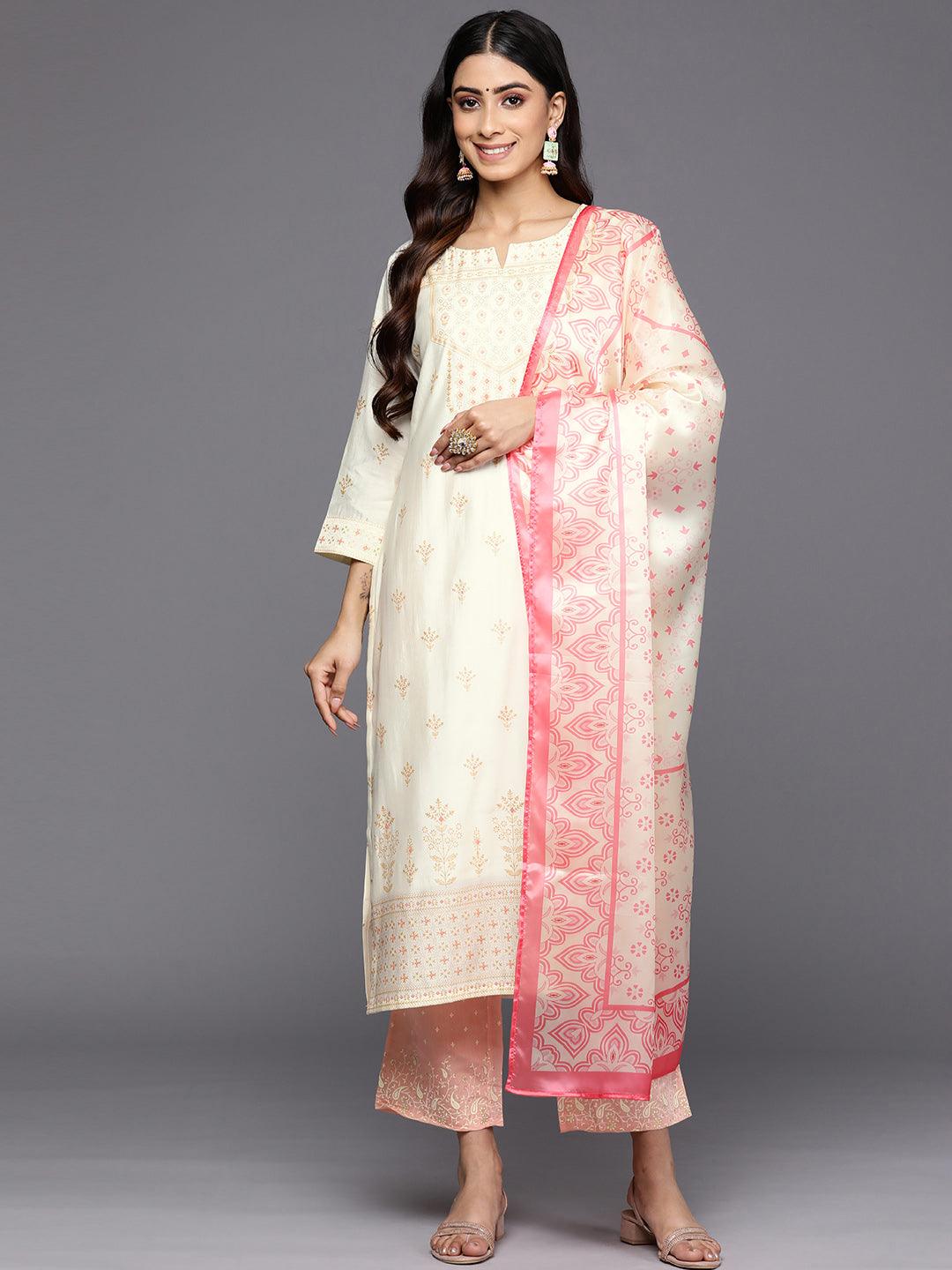 Cream Printed Chanderi Silk Straight Suit Set With Trousers - Jashvi