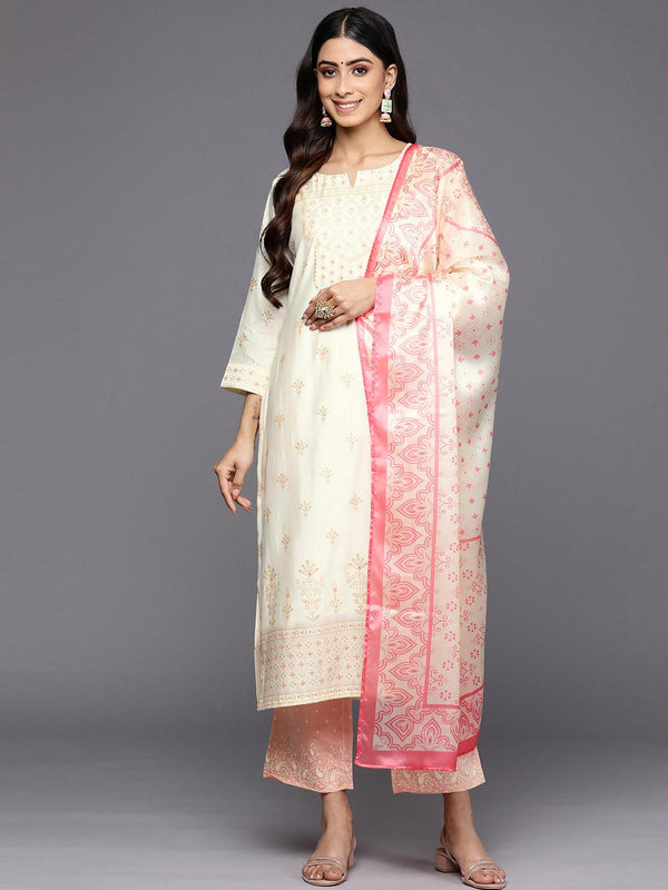 Cream Printed Chanderi Silk Straight Suit Set With Trousers - Jashvi