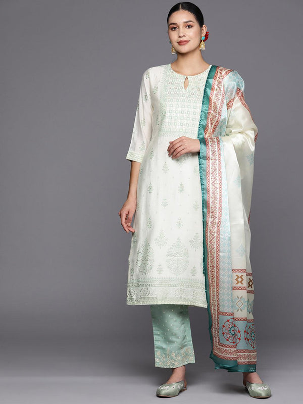 Cream Printed Chanderi Silk Straight Suit Set With Trousers - Jashvi