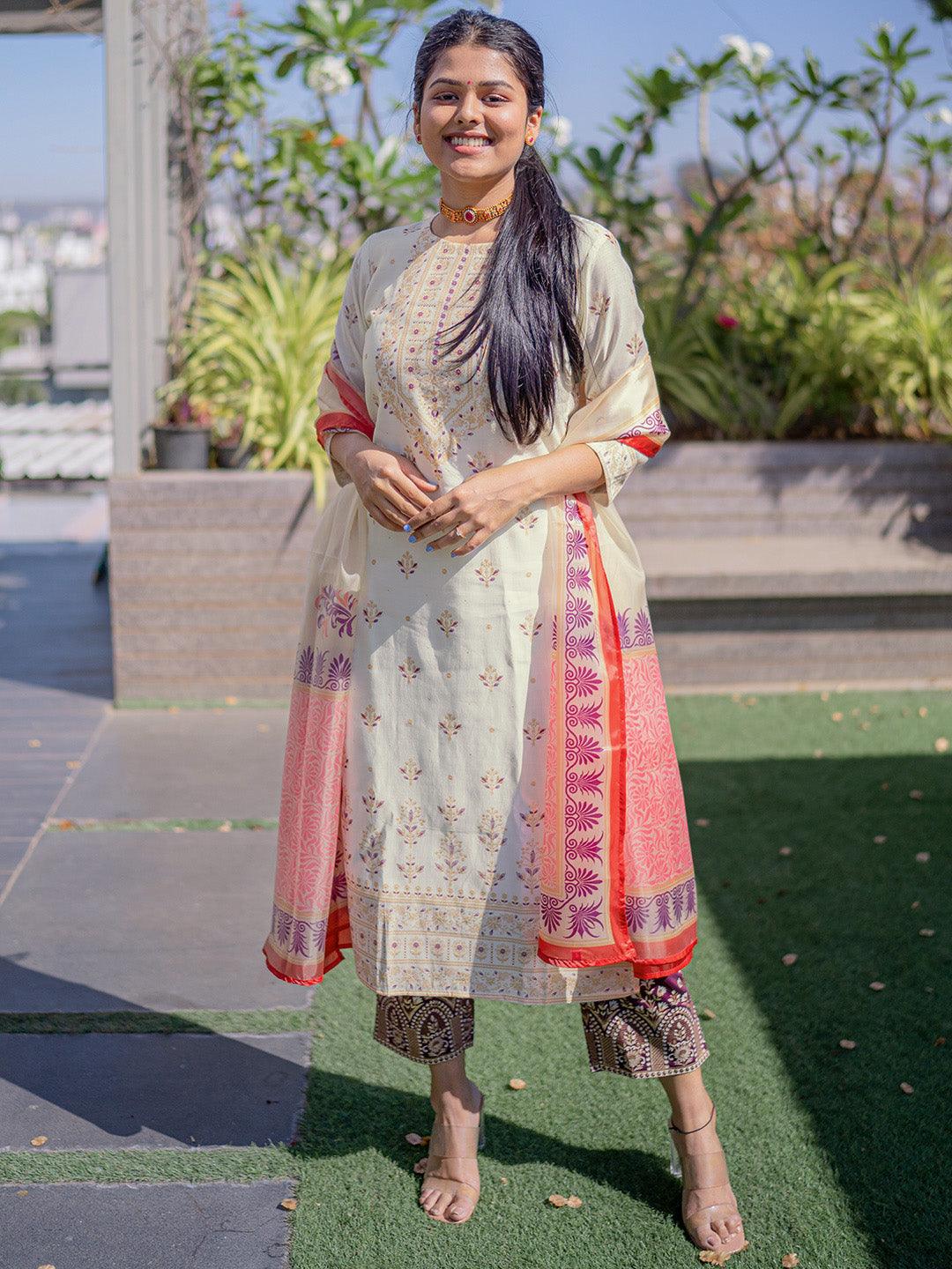 Cream Printed Chanderi Silk Straight Suit Set With Trousers - Jashvi