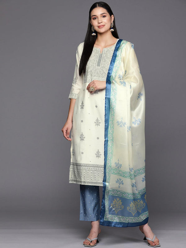 Cream Printed Chanderi Silk Straight Suit Set With Trousers - Jashvi