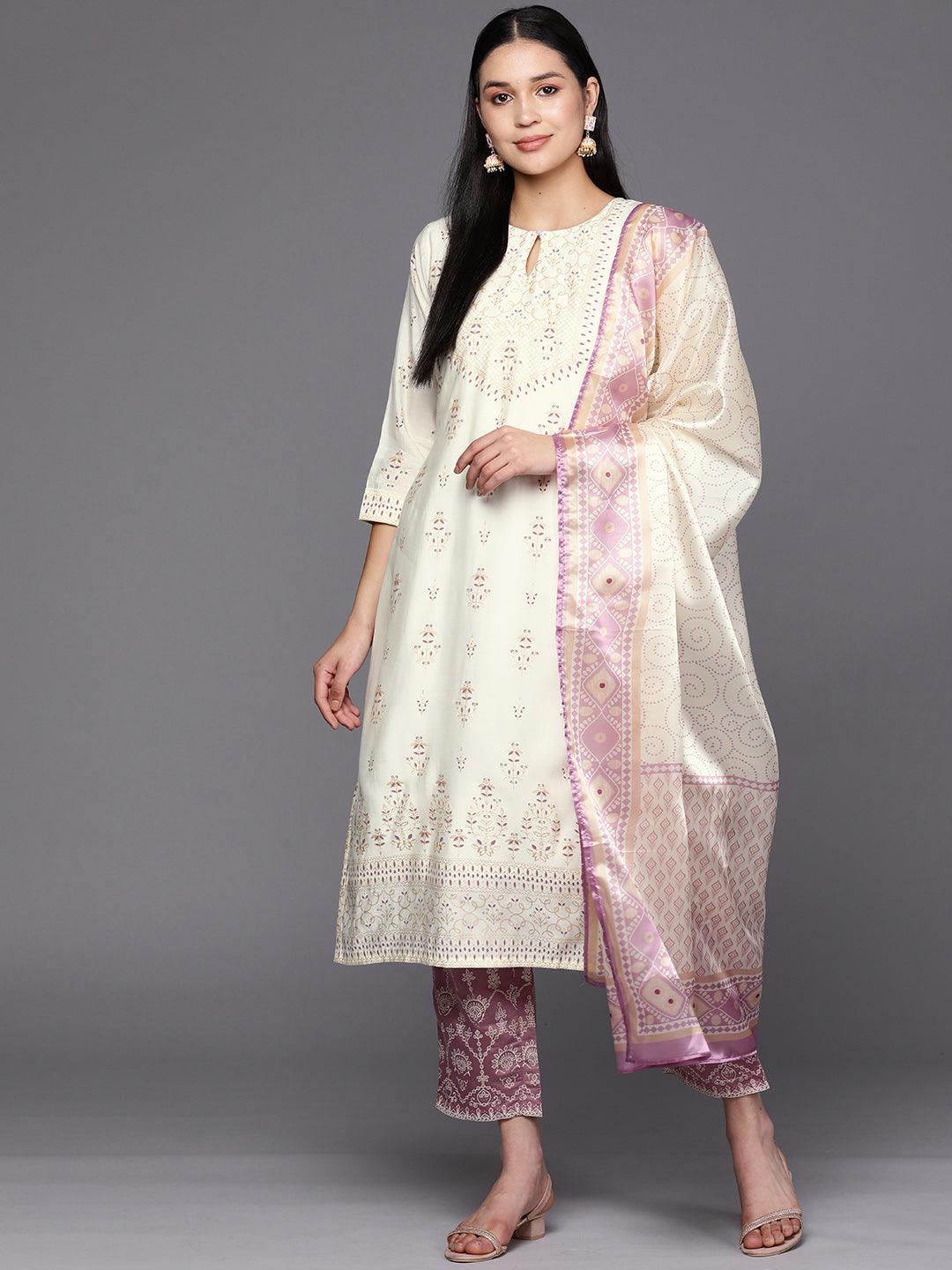 Cream Printed Chanderi Silk Straight Suit Set With Trousers - Jashvi