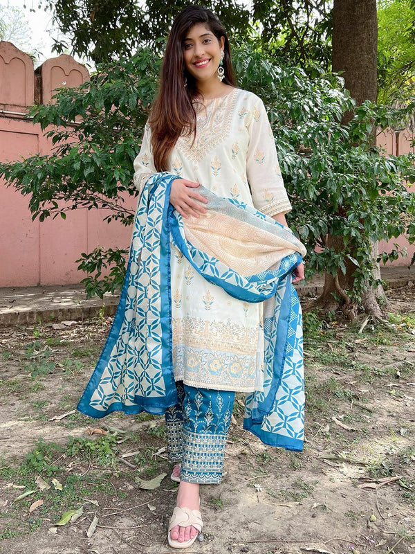 Cream Printed Chanderi Silk Straight Kurta With Trousers and Dupatta - Jashvi