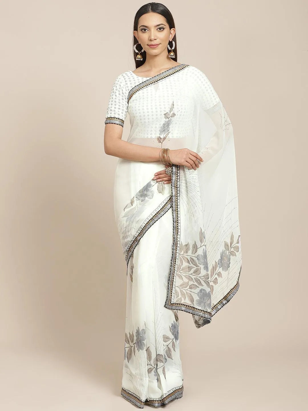 Cream Printed Chiffon Saree - Jashvi