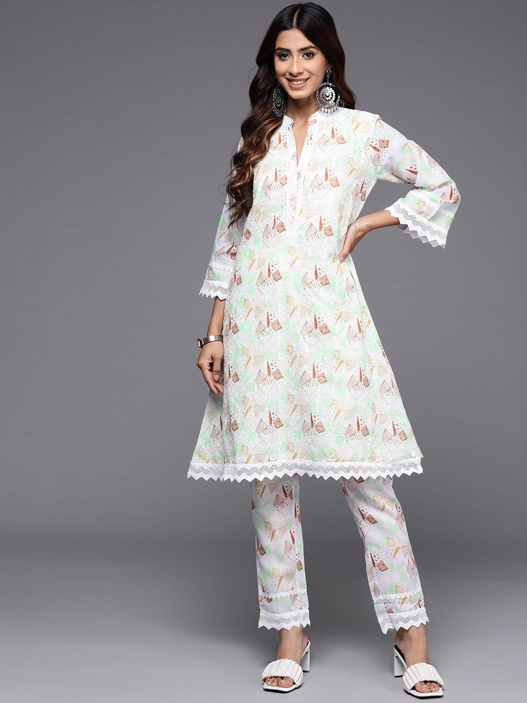 Cream Printed Cotton A-Line Kurta With Trousers - Jashvi