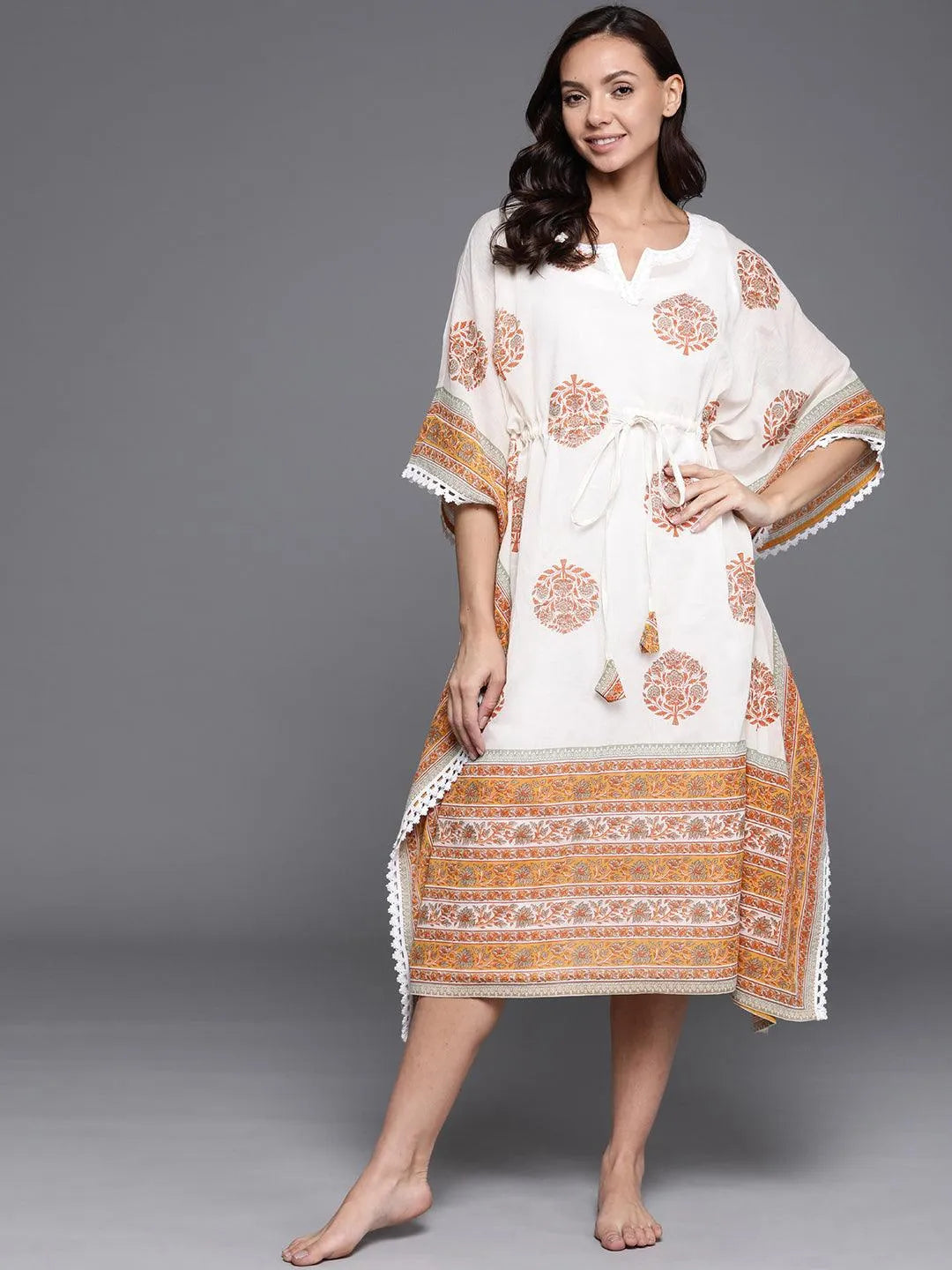 Cream Printed Cotton Nightdress - Jashvi