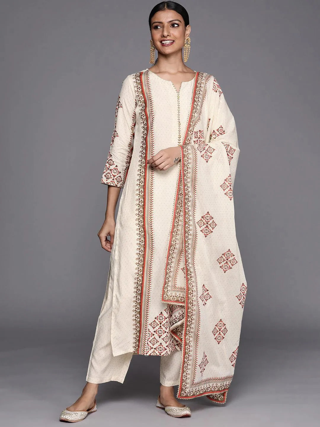 Cream Printed Cotton Blend Straight Suit Set - Jashvi