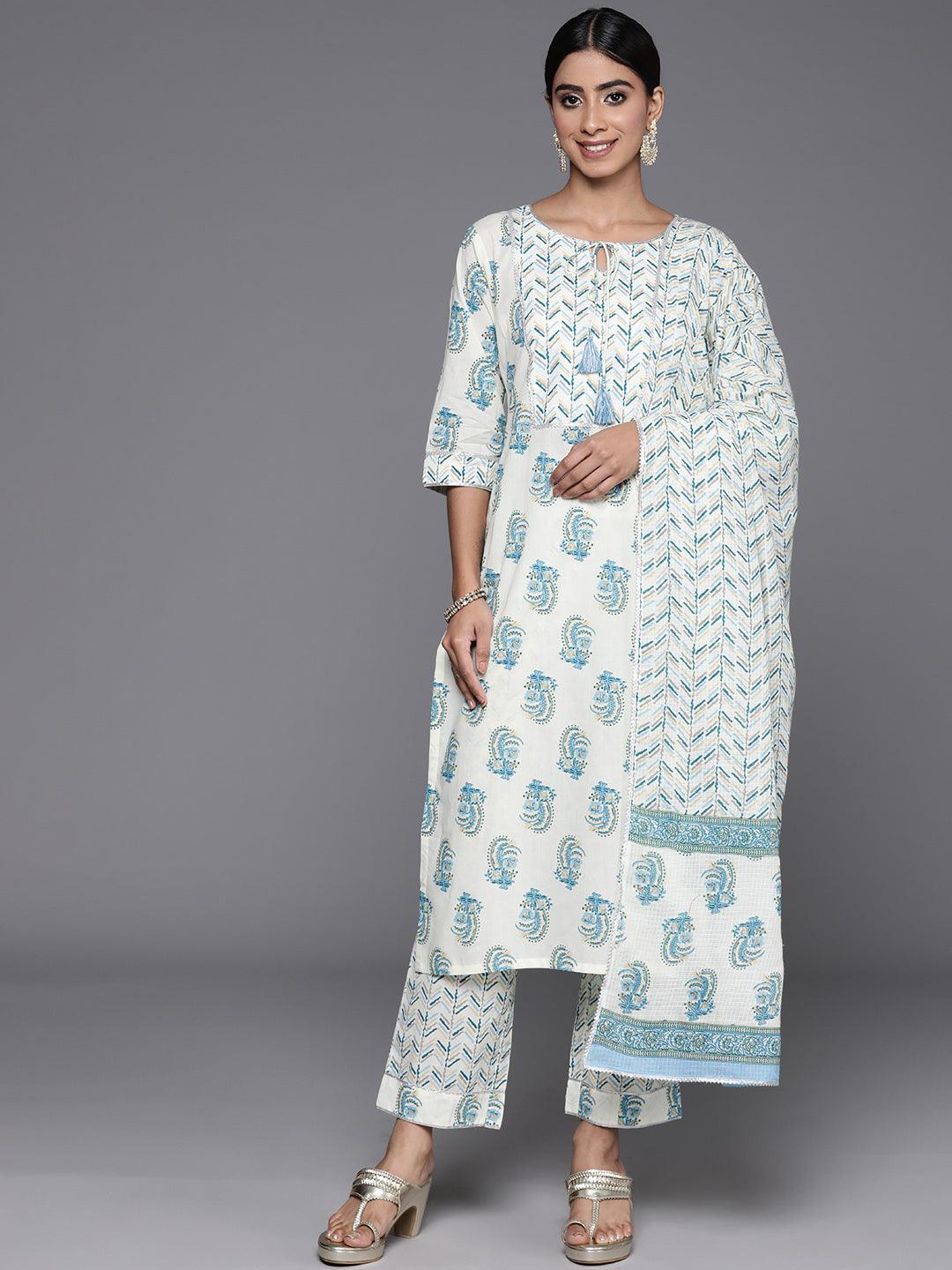 Cream Printed Cotton Straight Kurta With Trousers & Dupatta - Jashvi