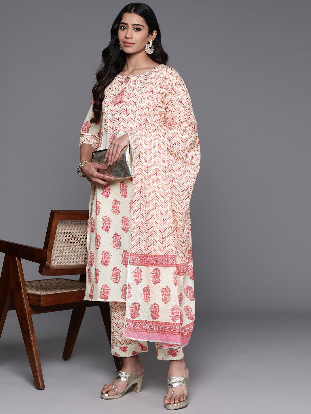 Cream Printed Cotton Straight Kurta With Trousers & Dupatta - Jashvi