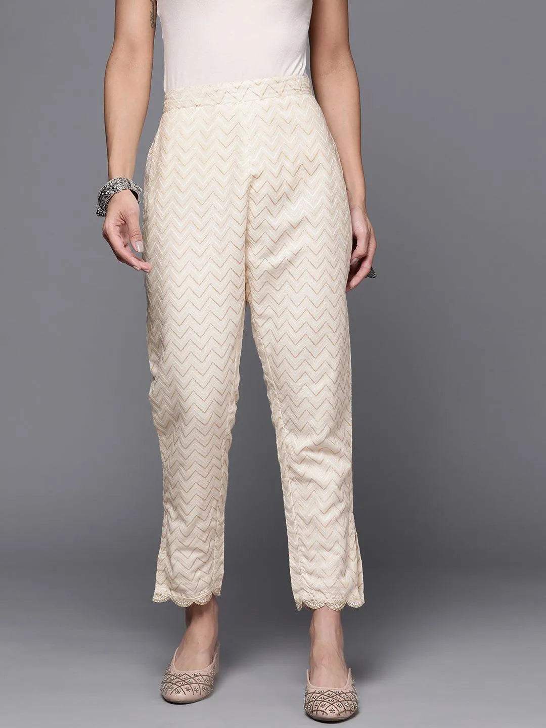 Cream Printed Cotton Trousers - Jashvi