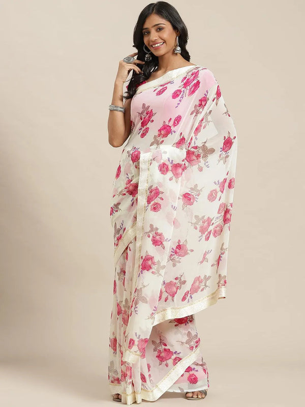 Cream Printed Georgette Saree - Jashvi