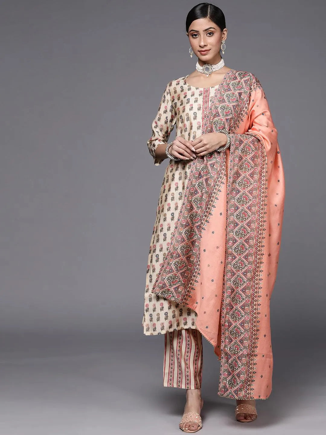 Cream Printed Silk Blend Straight Suit Set - Jashvi