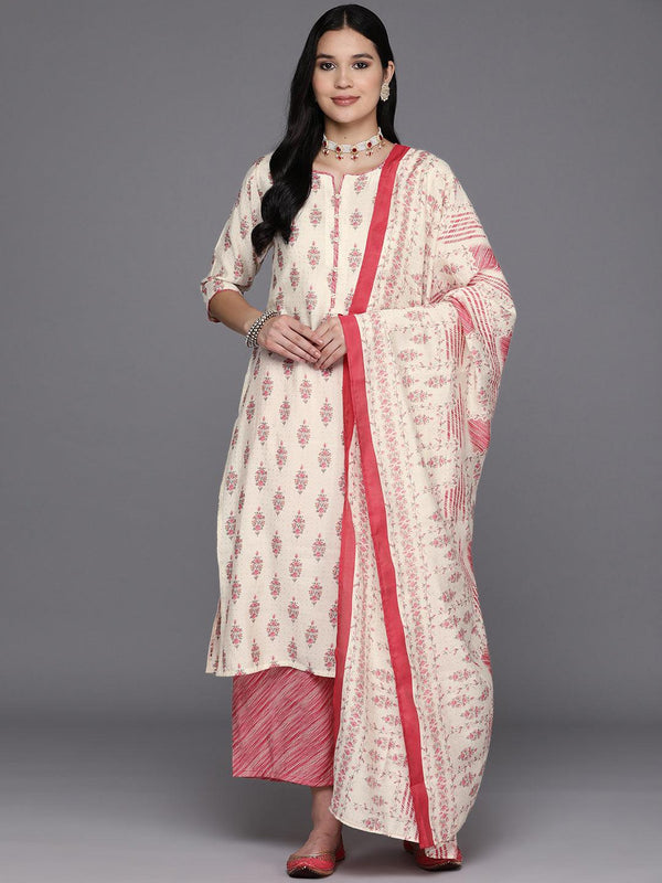 Cream Printed Silk Blend Straight Suit Set With Palazzos - Jashvi