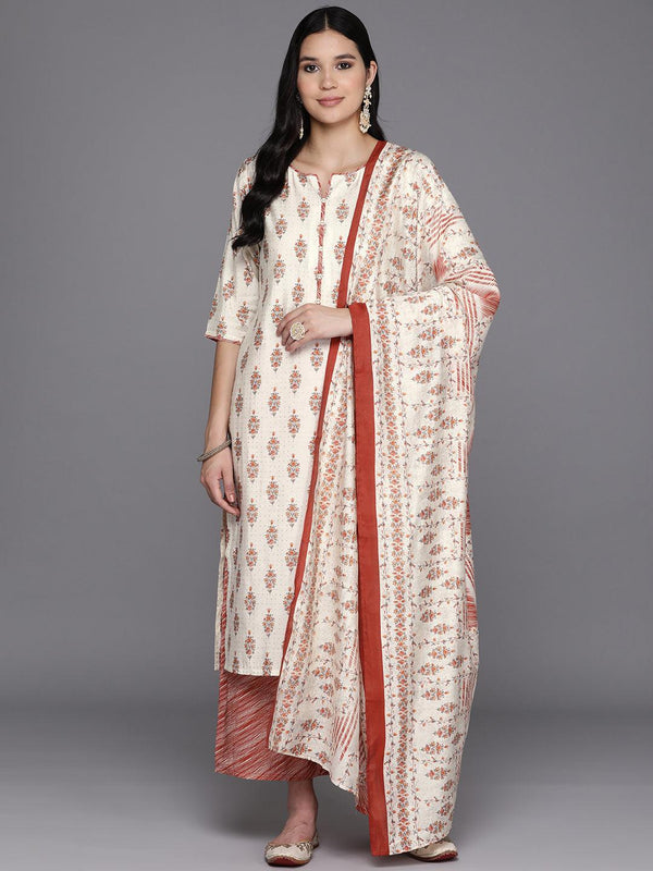 Cream Printed Silk Blend Straight Suit Set With Palazzos - Jashvi