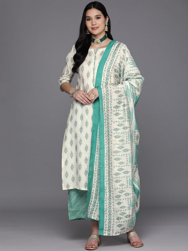 Cream Printed Silk Blend Straight Suit Set With Palazzos - Jashvi