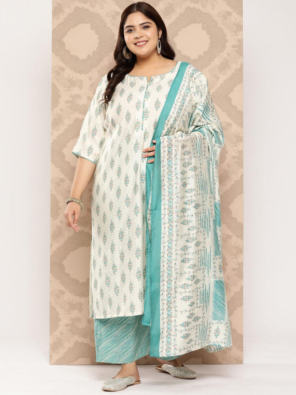 Cream Printed Silk Blend Straight Kurta With Palazzos and Dupatta - Jashvi