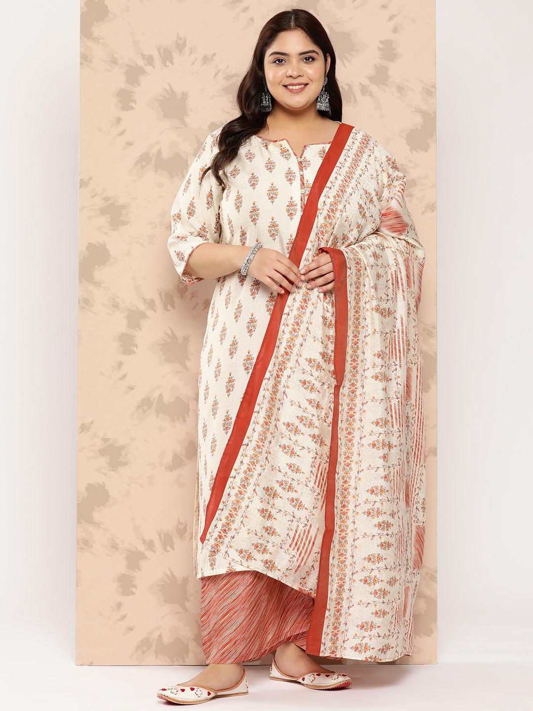 Cream Printed Silk Blend Straight Kurta With Palazzos and Dupatta - Jashvi