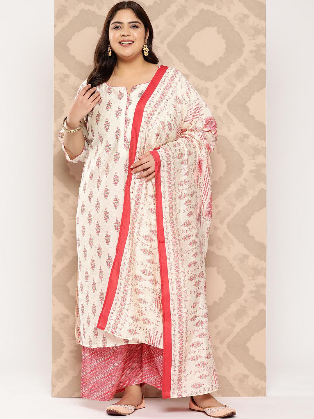 Cream Printed Silk Blend Straight Kurta With Palazzos and Dupatta - Jashvi