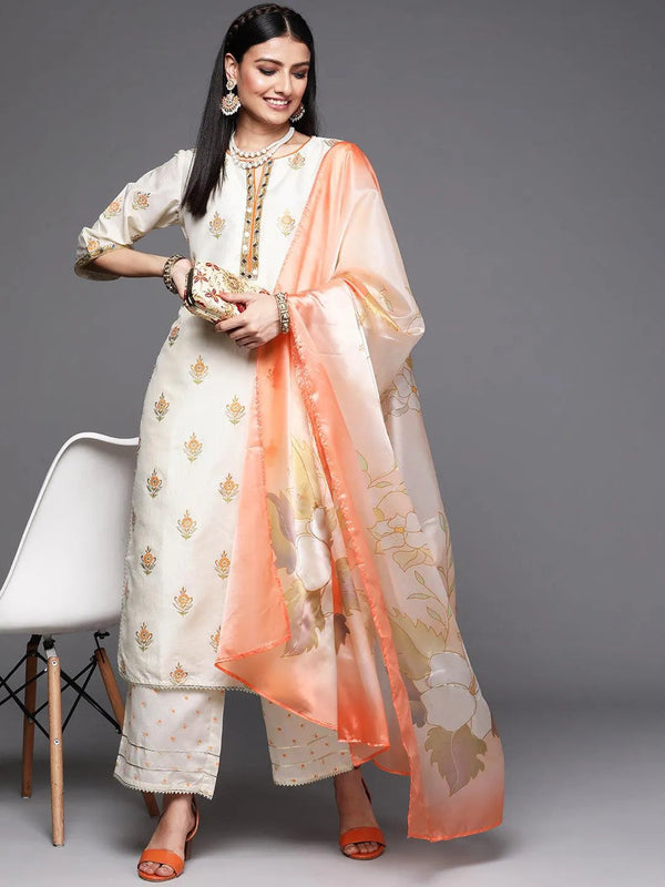 Cream Printed Silk Suit Set - Jashvi