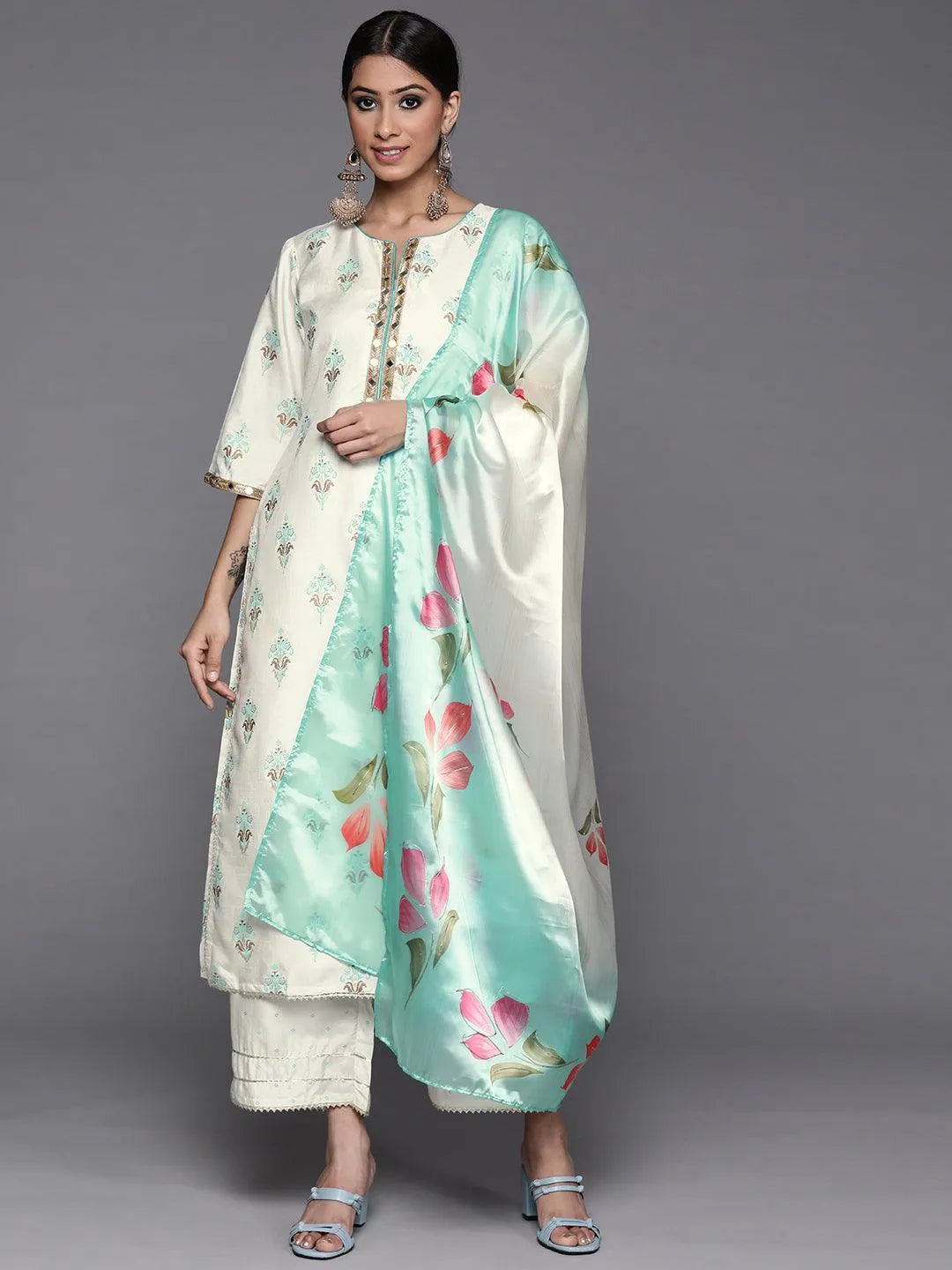 Cream Printed Silk Suit Set - Jashvi