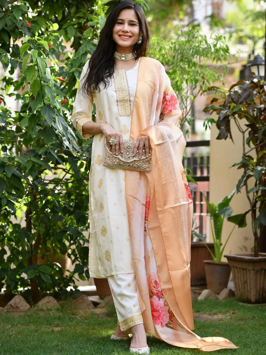 Cream Printed Silk Suit Set - Jashvi