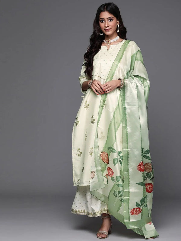 Cream Printed Silk Suit Set - Jashvi