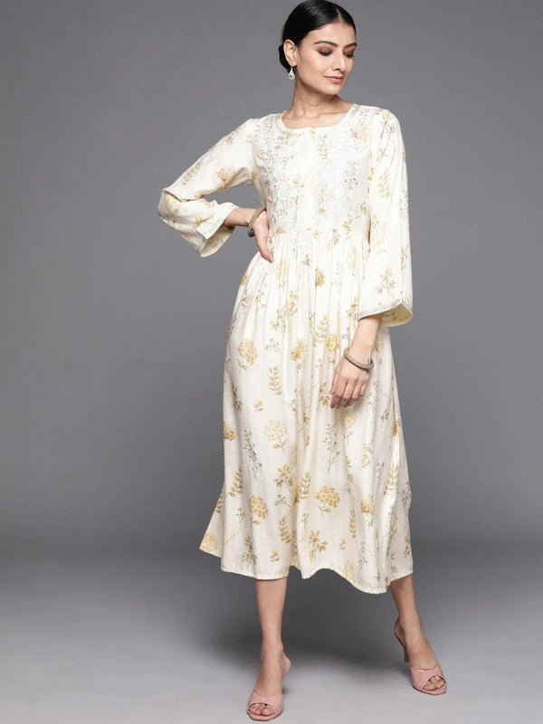 Cream Printed Viscose Rayon Dress - Jashvi