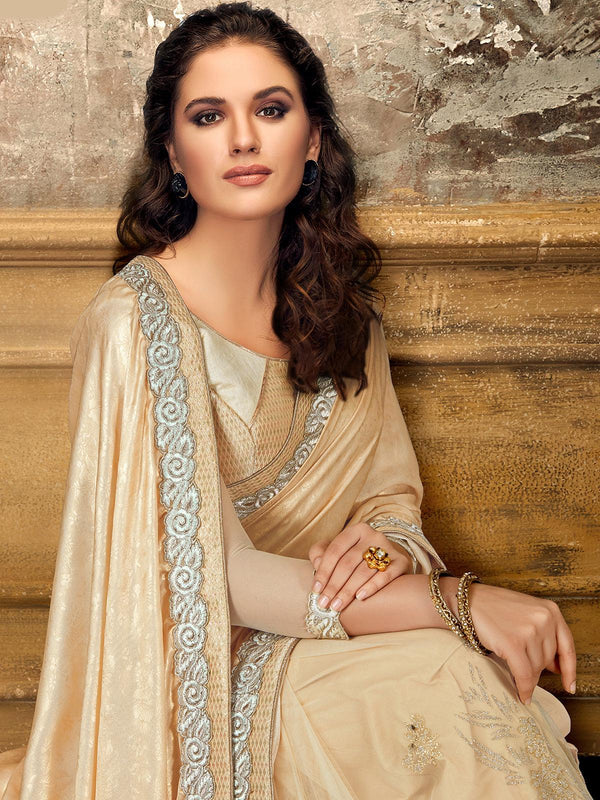 Women's Cream Satin Georgette Net Designer Saree With Blouse - Odette