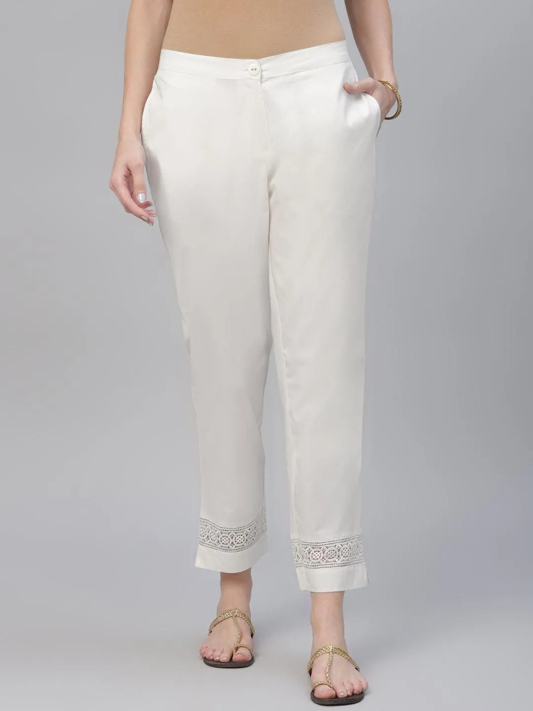 Cream Solid Cotton Trousers - Jashvi