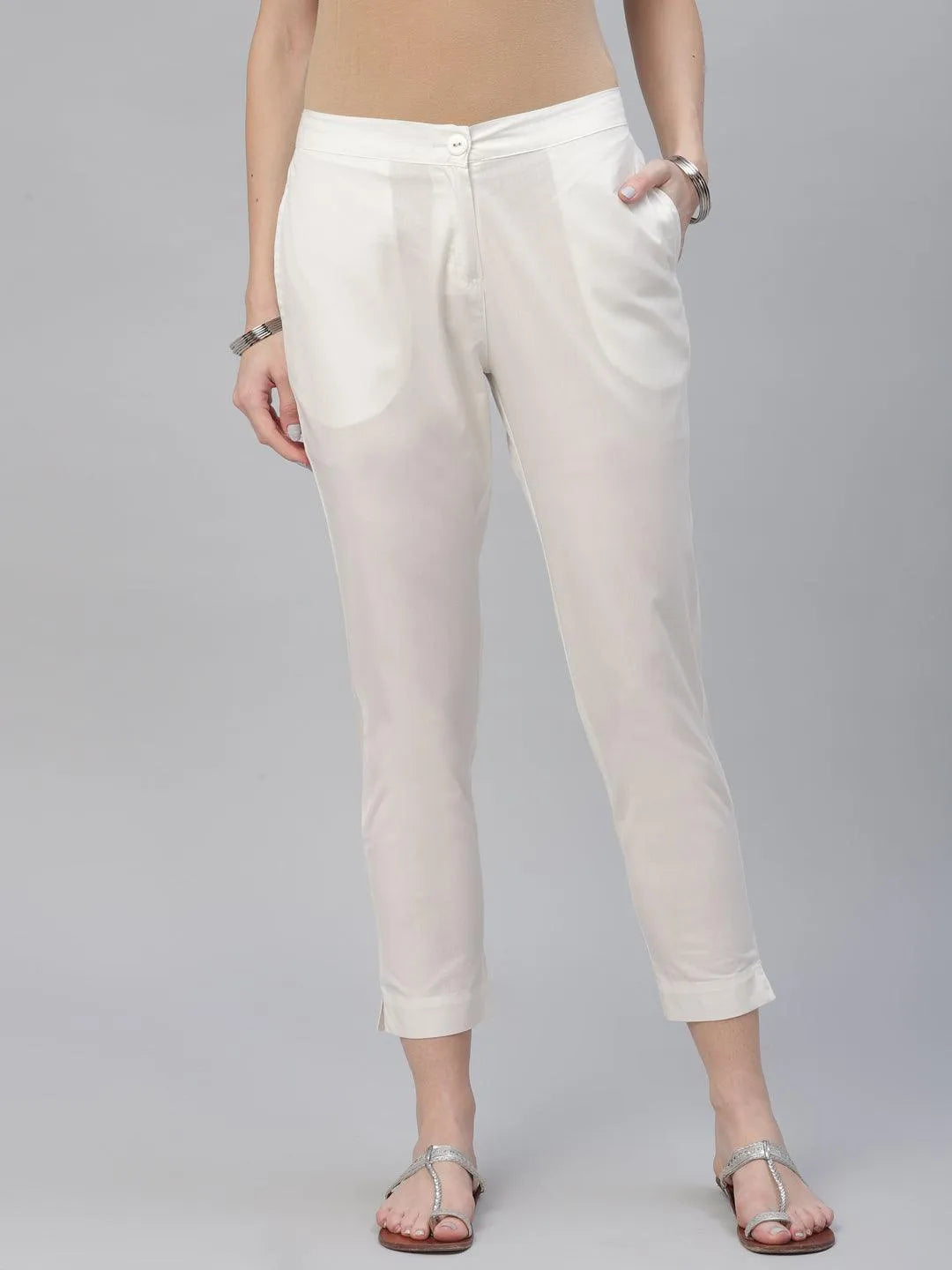 Cream Solid Cotton Trousers - Jashvi