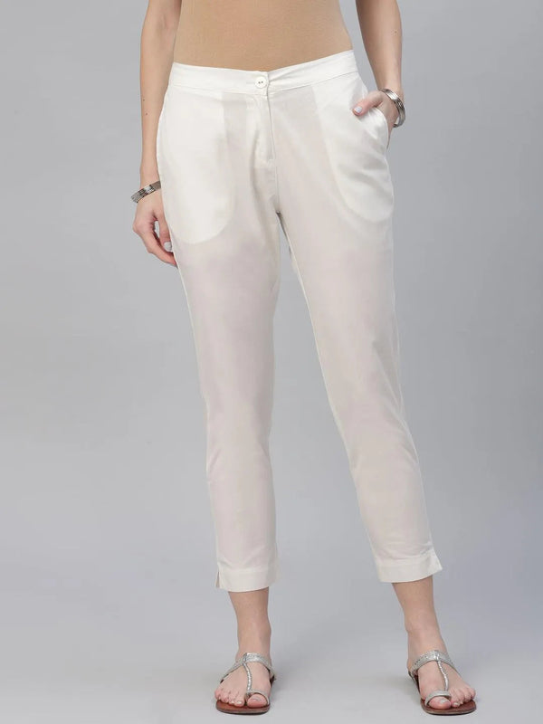 Cream Solid Cotton Trousers - Jashvi