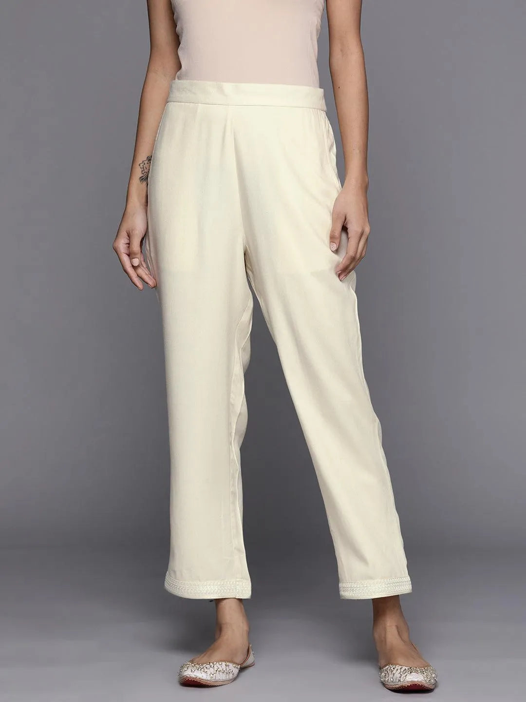 Cream Solid Pashmina Wool Trousers - Jashvi