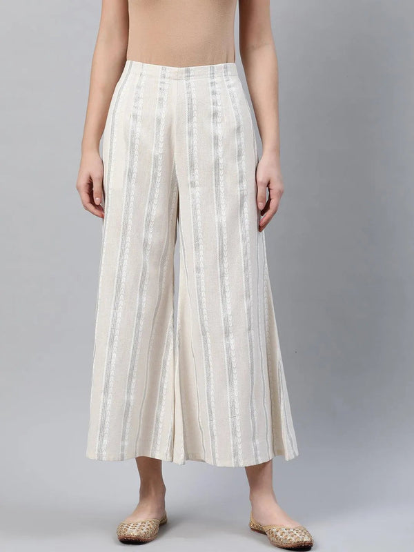 Cream Striped Cotton Palazzos - Jashvi