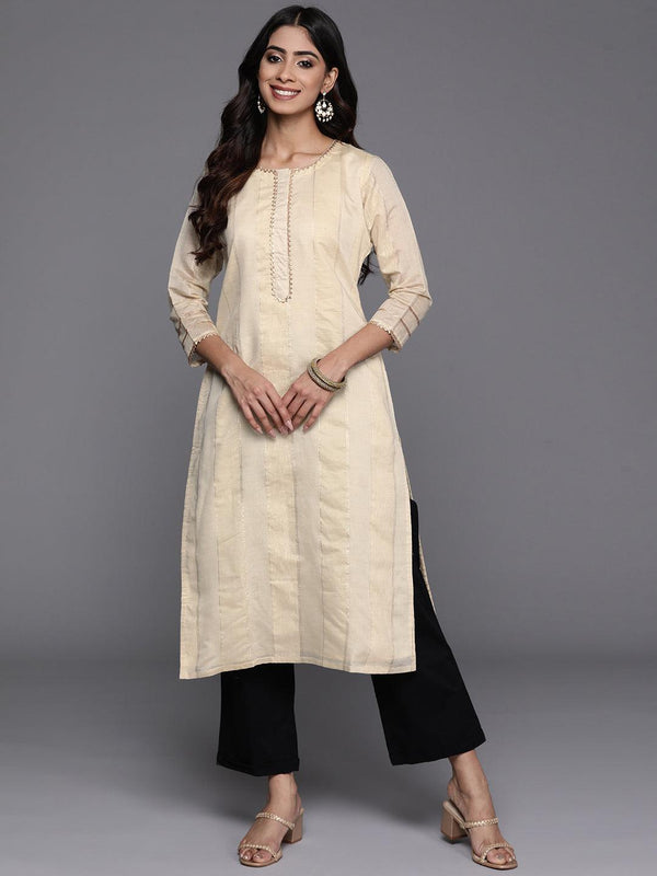 Cream Woven Design Chanderi Silk Straight Kurta - Jashvi