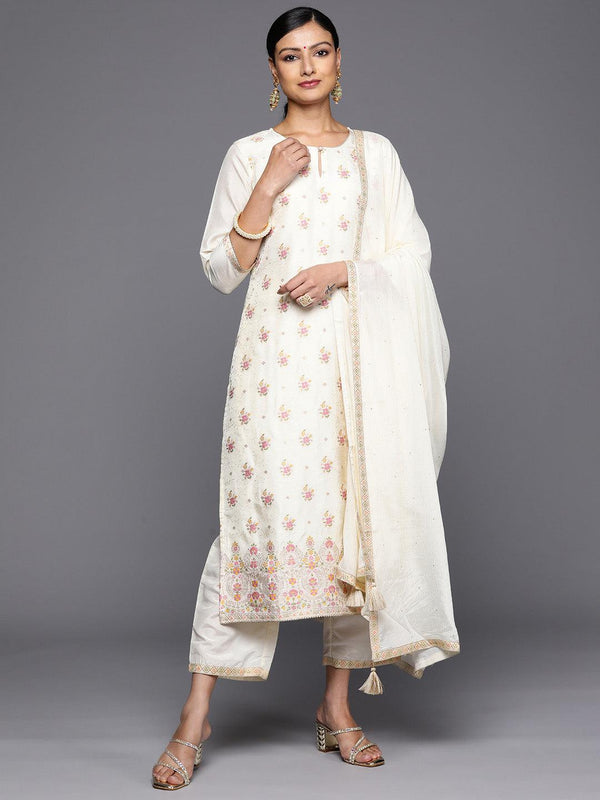 Cream Woven Design Silk Blend Straight Kurta With Trousers & Dupatta - Jashvi