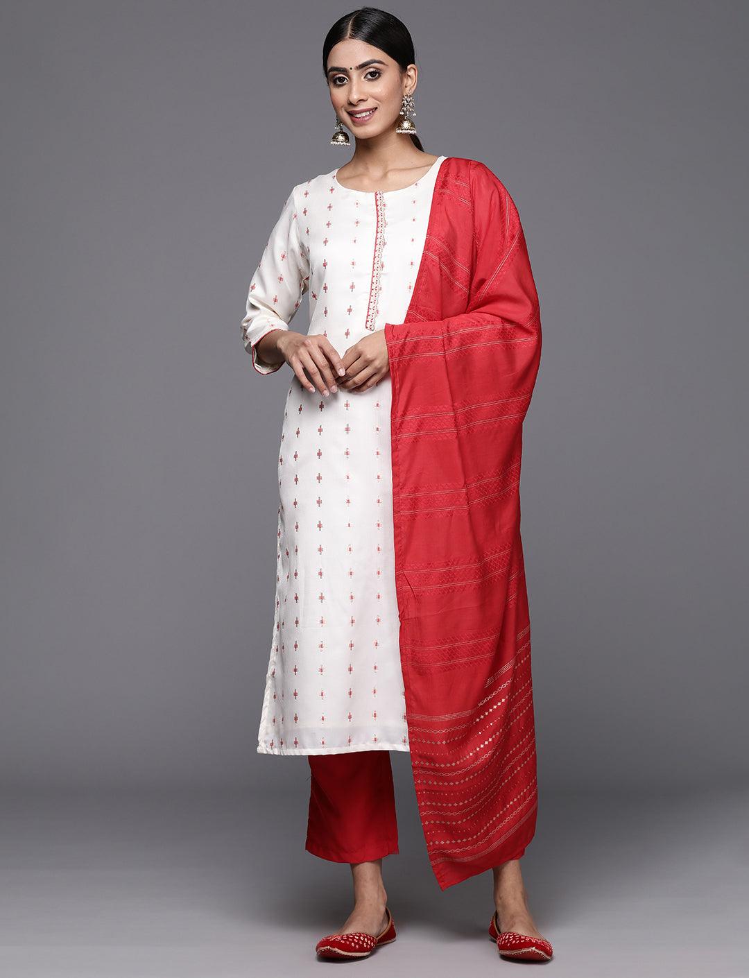 Cream Woven Design Silk Blend Straight Kurta With Trousers & Dupatta - Jashvi