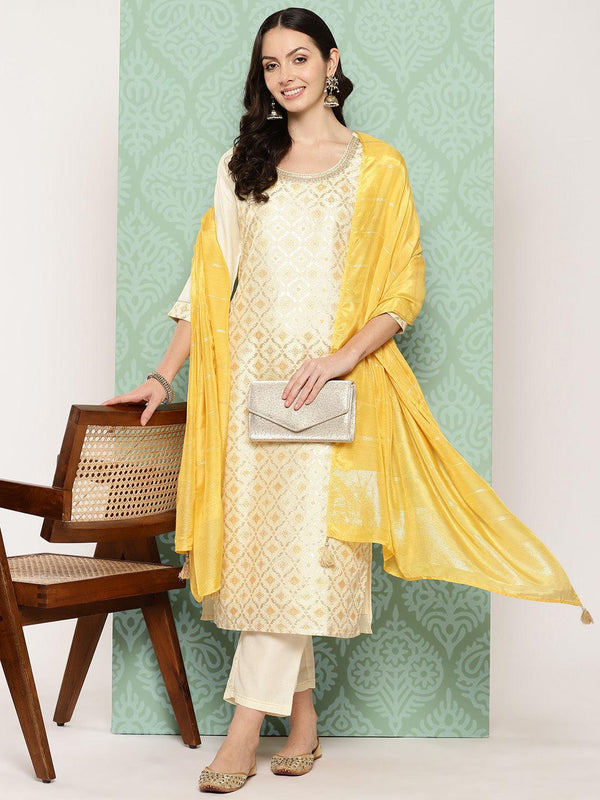 Cream Woven Design Silk Blend Straight Kurta With Trousers & Dupatta - Jashvi