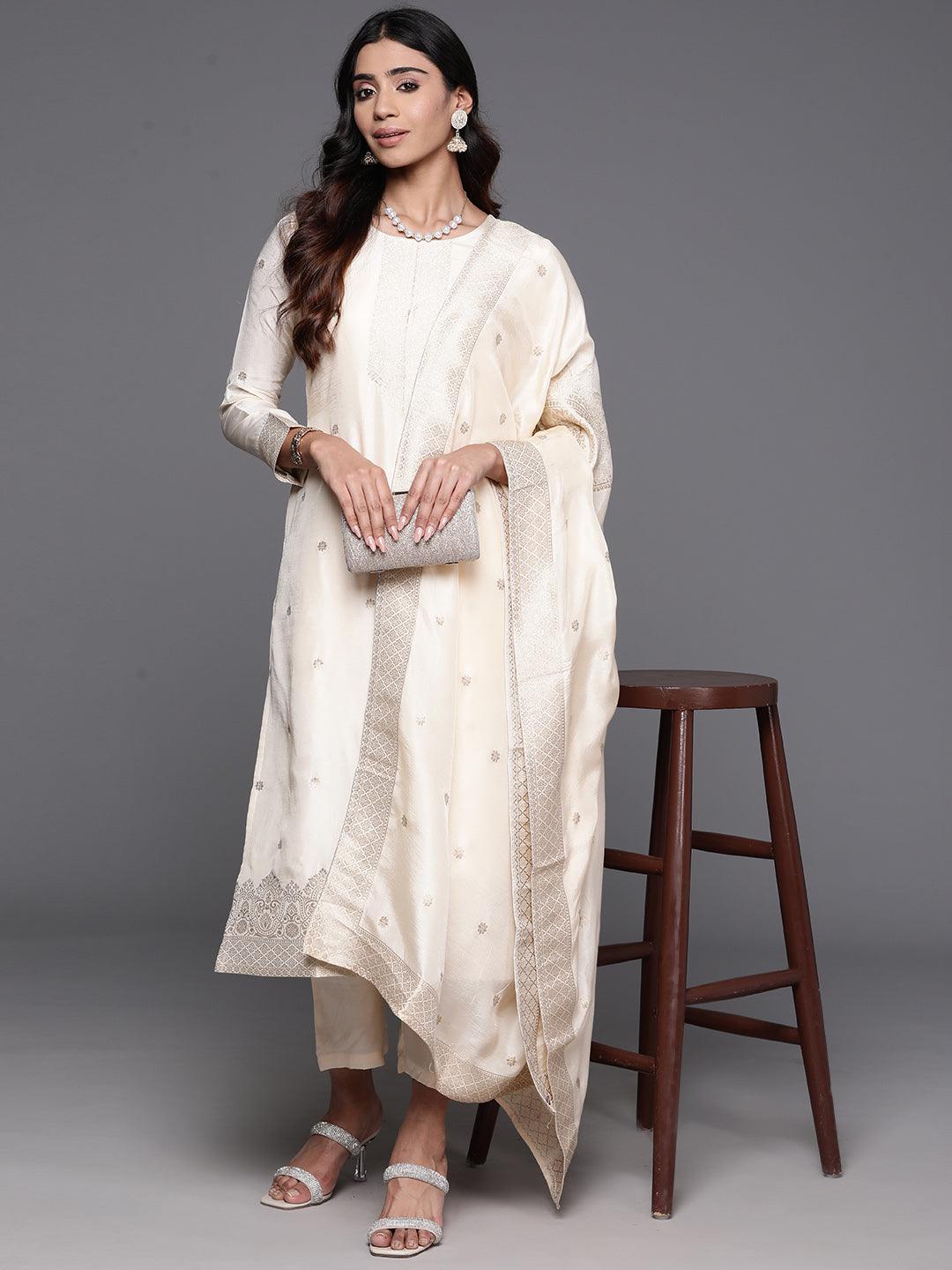 Cream Woven Design Silk Blend Straight Kurta With Trousers & Dupatta - Jashvi