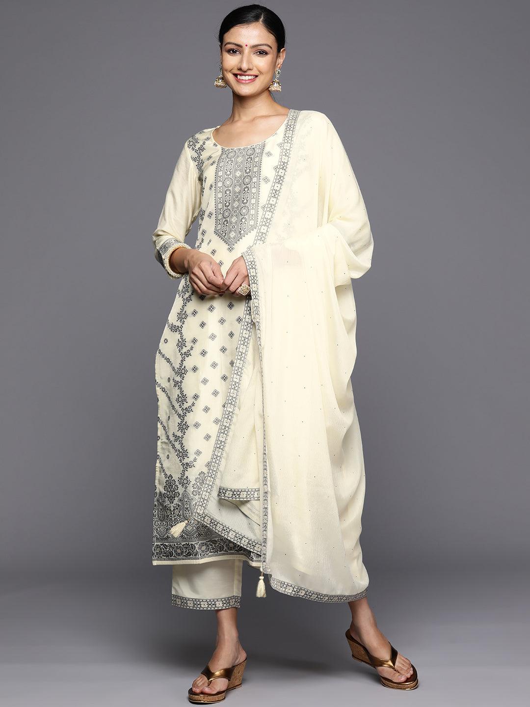 Cream Woven Design Silk Blend Straight Kurta With Trousers & Dupatta - Jashvi