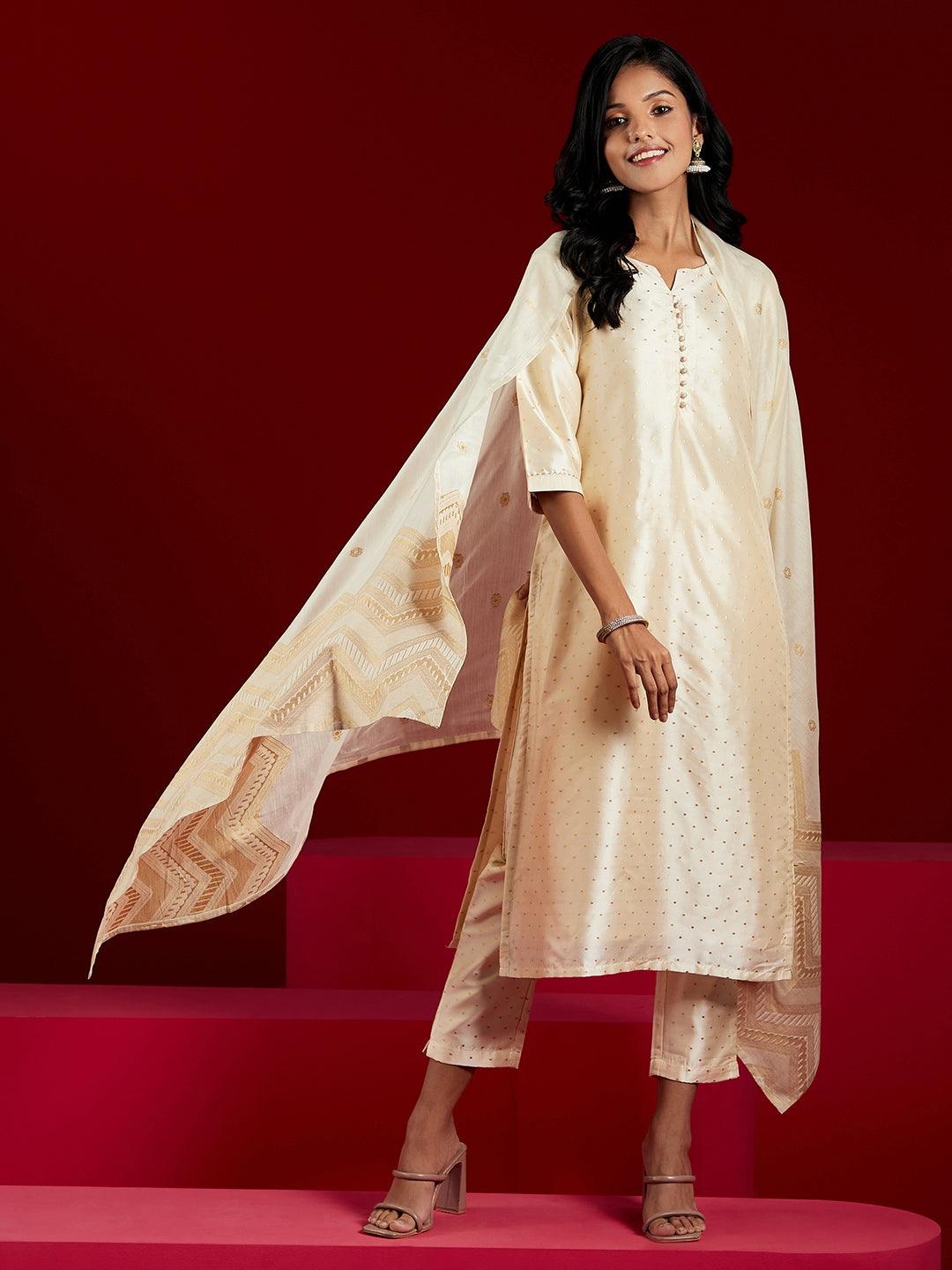 Cream Woven Design Straight Kurta With Trousers & Dupatta - Jashvi