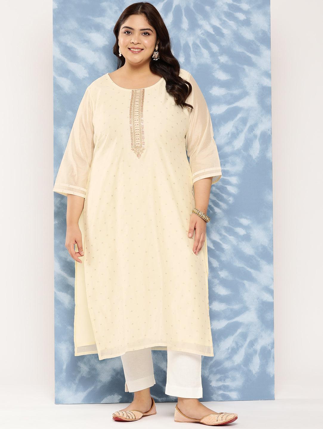 Cream Yoke Design Chanderi Silk Straight Kurta - Jashvi