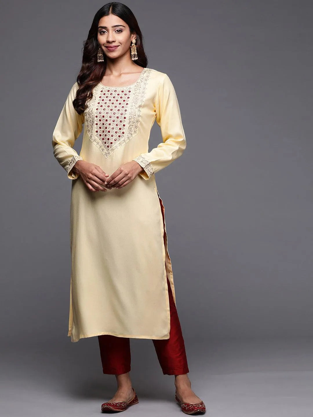 Cream Yoke Design Pashmina Wool Straight Kurta - Jashvi