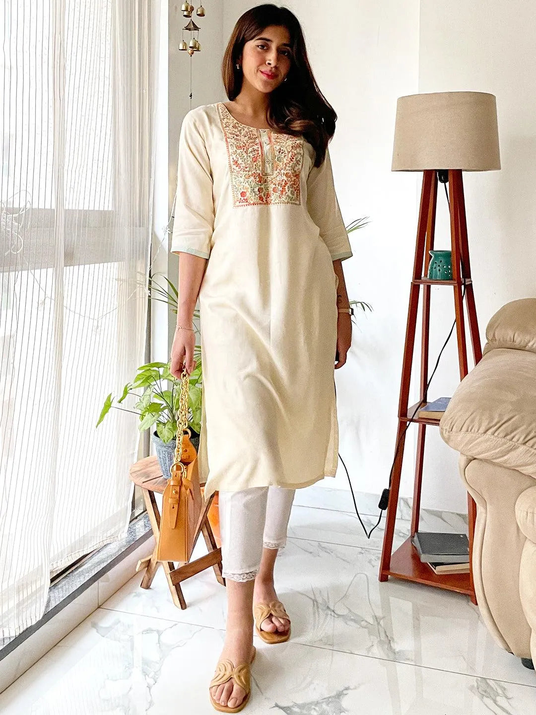 Cream Yoke Design Pashmina Wool Straight Kurta - Jashvi