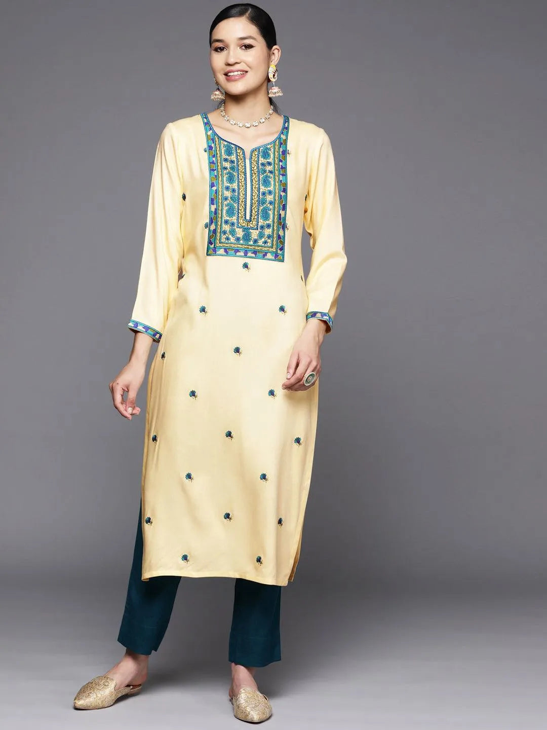 Cream Yoke Design Wool Straight Kurta - Jashvi