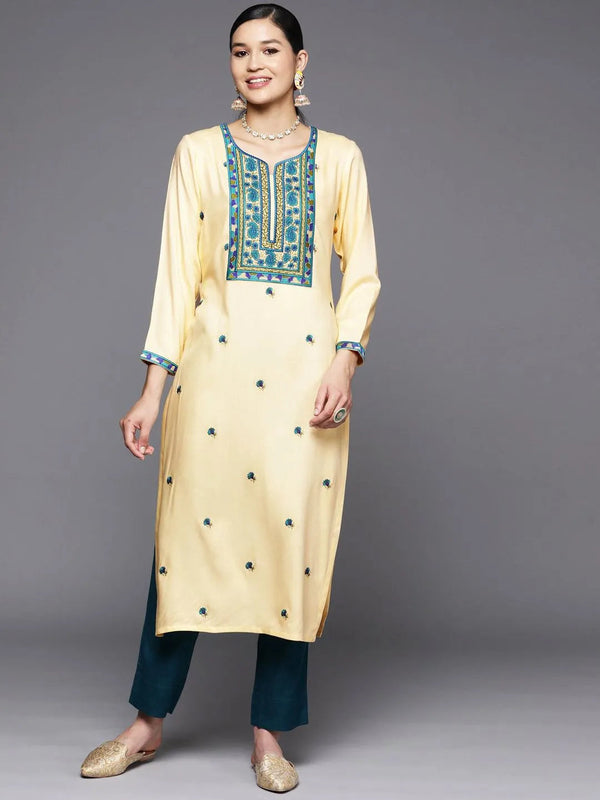 Cream Yoke Design Wool Straight Kurta - Jashvi