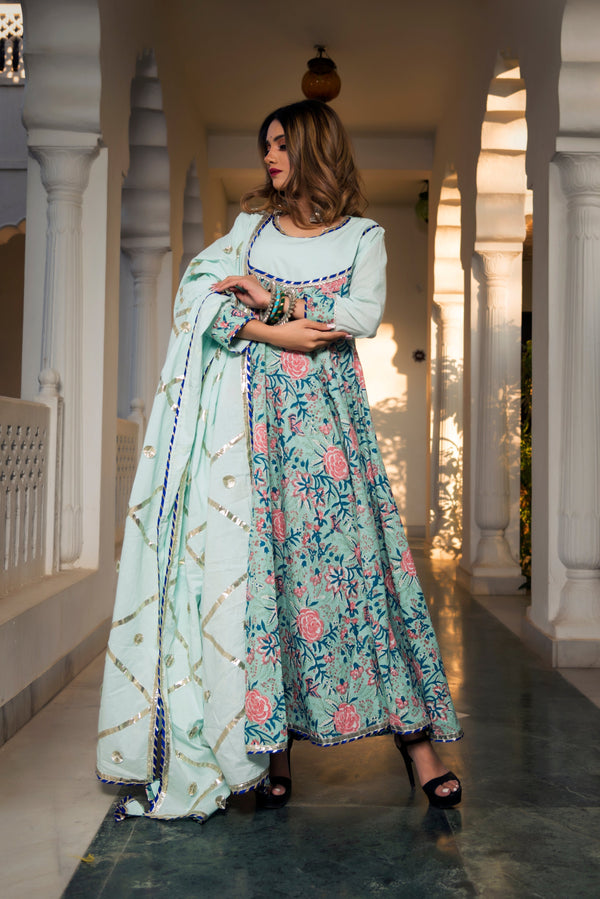 Women's mint cotton print anarkali - Pomcha Jaipur