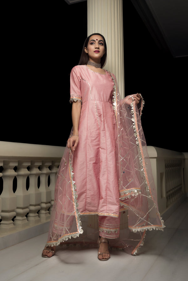 Women's Gotta Jaal Cotton Silk Peach Anarkali - Pomcha Jaipur