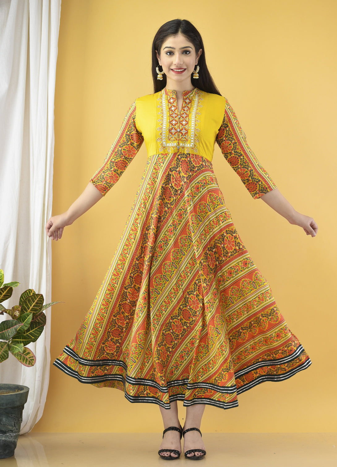 Women's Yellow Embroidered Dress - Yufta