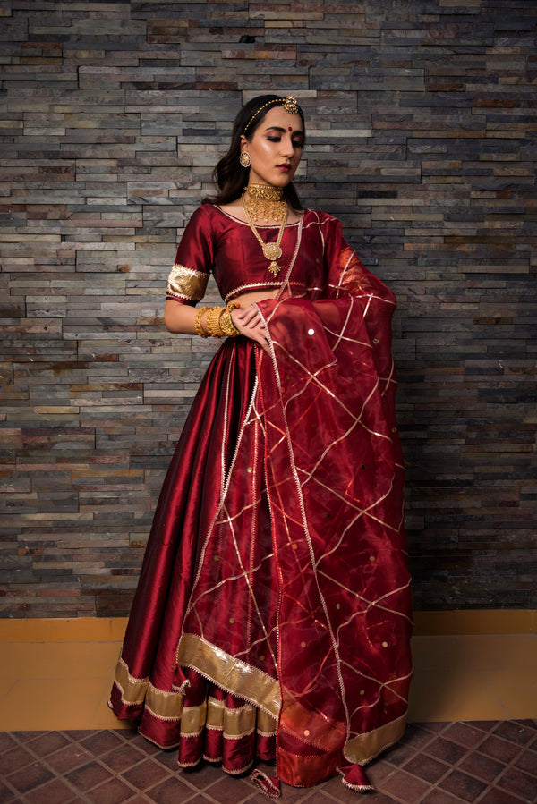 Women's maroon taffeta lehenga - Pomcha Jaipur