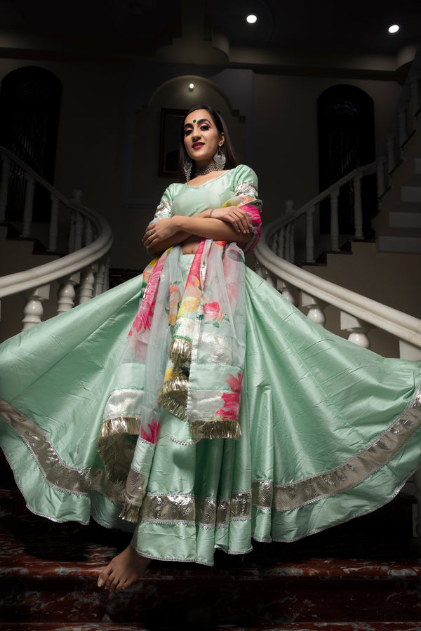 Women's Taffeta Silk Mint Green Lehenga- Pomcha Jaipur